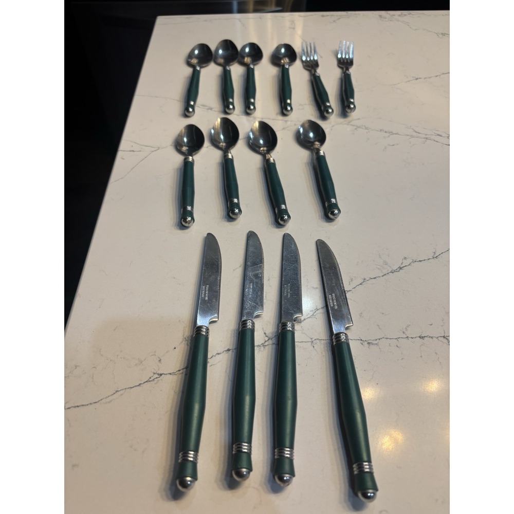 Stainless Steel Flatware GREEN Handles 14 Pieces